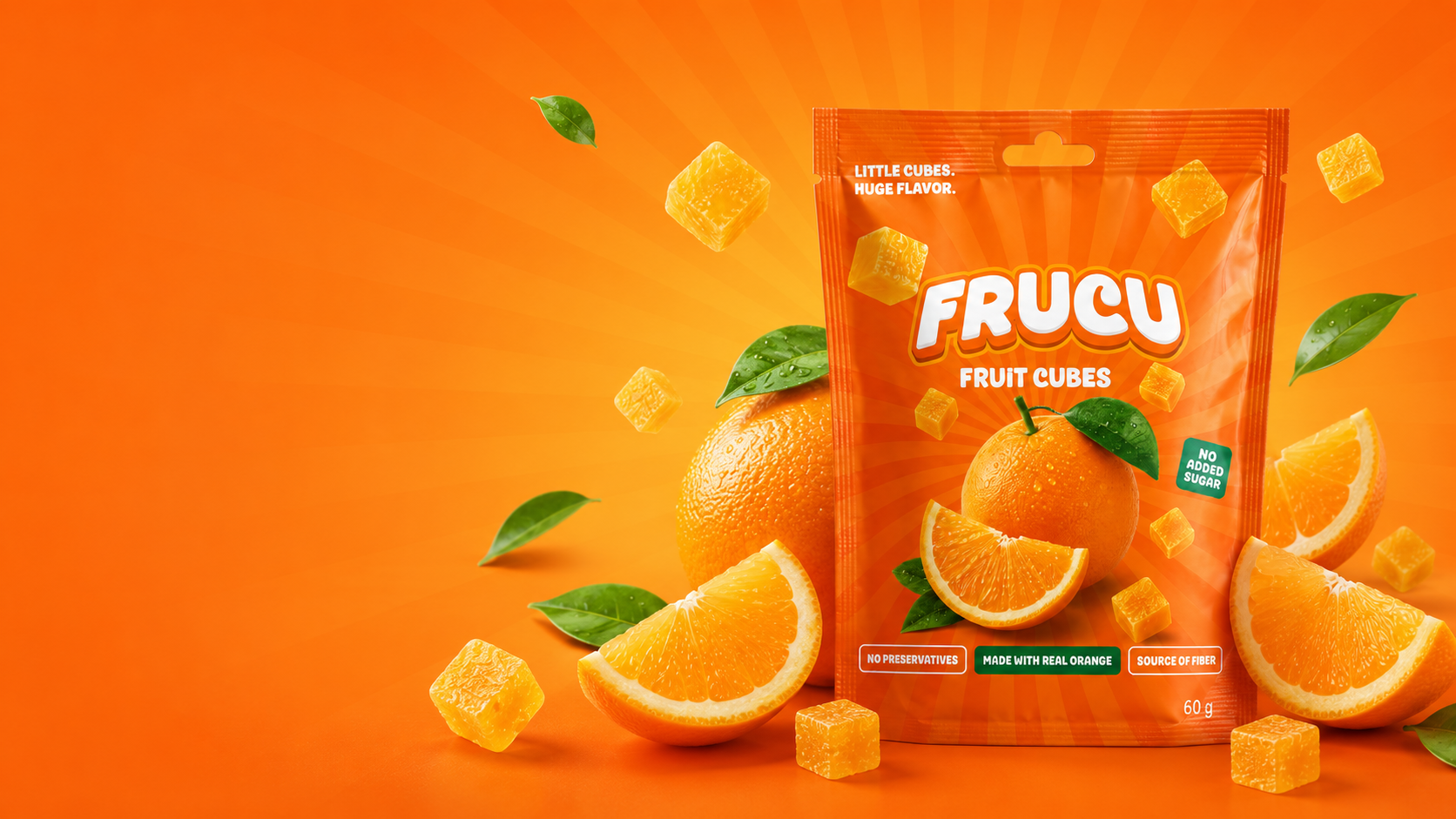 FRUCU orange pouch surrounded by fresh oranges, leaves and fruit cubes